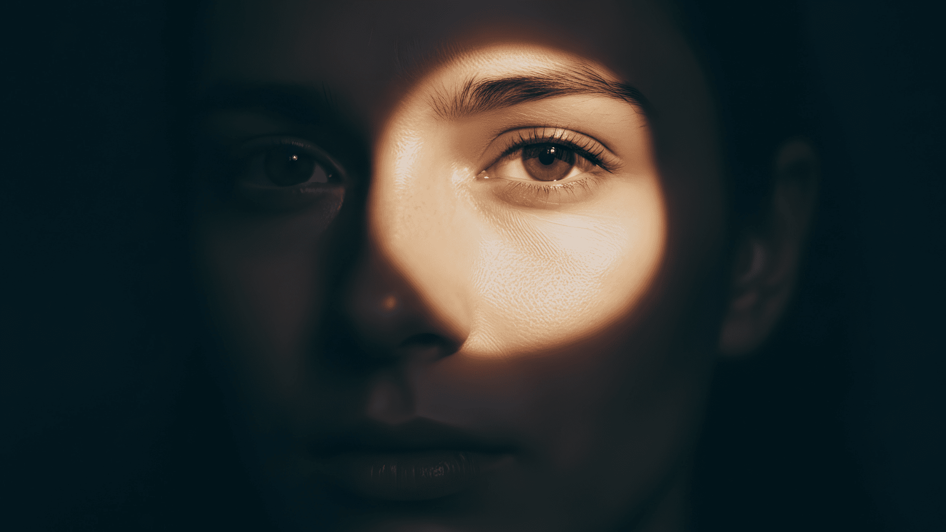 Woman in low light with a shadowed face and one eye illuminated, conveying secrecy and emotional tension